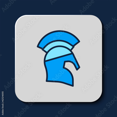 Filled outline Greek helmet icon isolated on blue background. Antiques helmet for head protection soldiers with a crest of feathers or horsehair. Vector