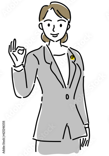 笑顔でOKサインの女性弁護士のシンプル線画イラスト