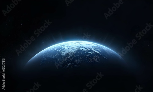 宇宙に浮かぶ地球の地平線が闇の中で光り輝く