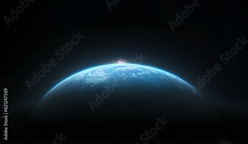 宇宙に浮かぶ地球の地平線が闇の中で光り輝く