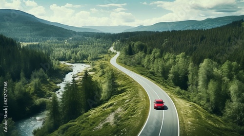 Generative AI. Concept of auto travel during the holiday season. One red car is driving along an asphalt mountain road along a clear river and a green summer forest. Aerial view. Road trip journey.