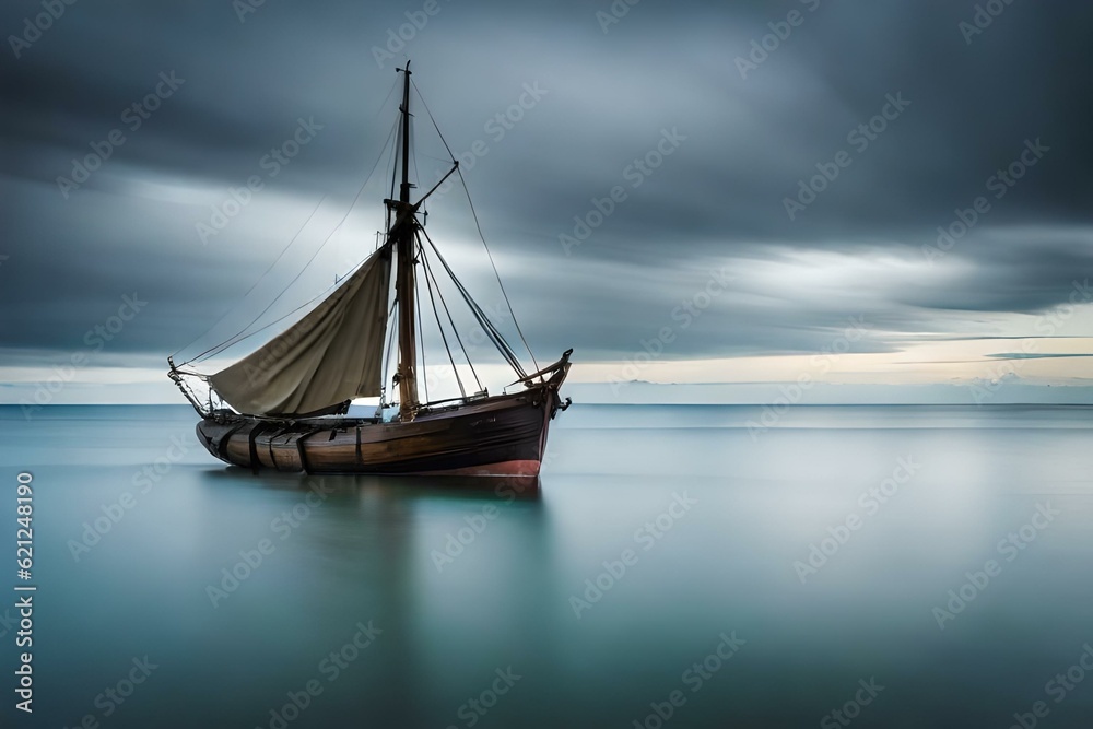 An overcast day at sea, featuring a weathered fishing boat with tattered sails