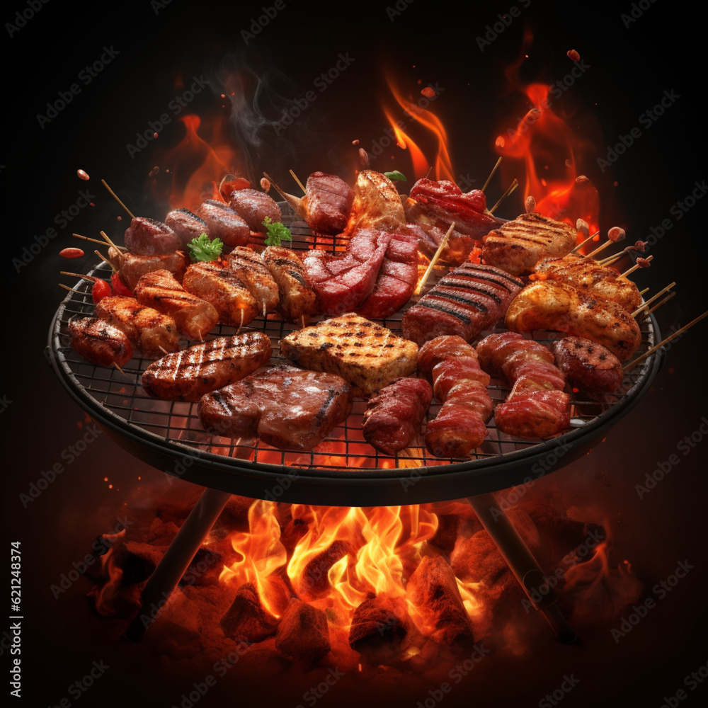 Grilling meat and vegetables on fire