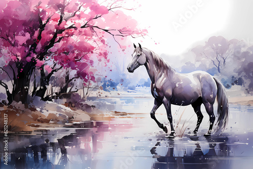 Abstract painting of a grey horse in the forest with it s reflection in the lake  Generative AI