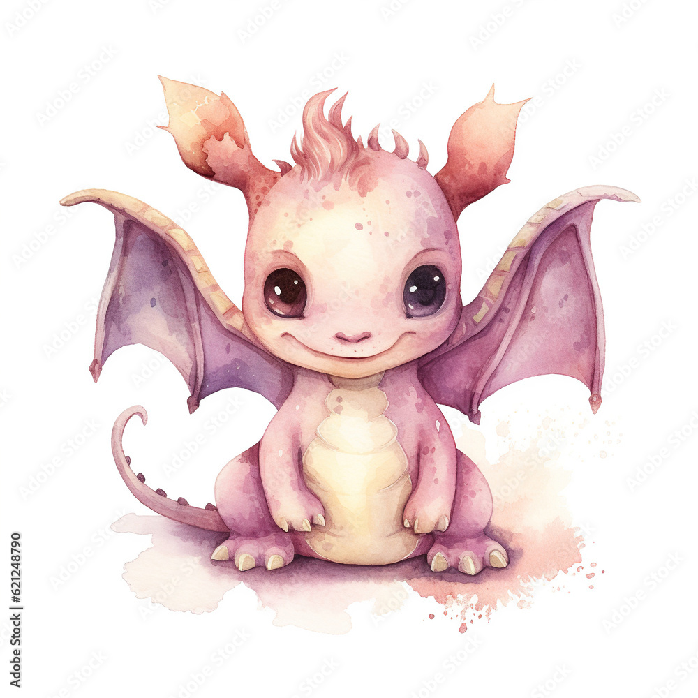 Cute baby dragon sitting isolated on white. Watercolors, and fantastic animals in a cartoon style on a white background