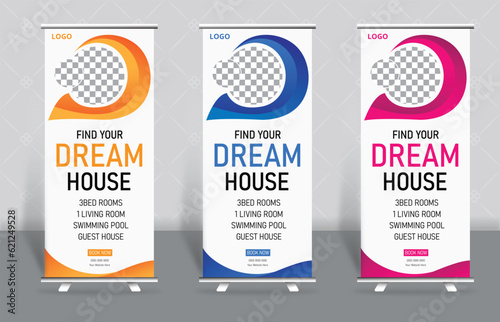 Home Sell Real Estate roll-up banner or cover design template, Vertical, Horizontal, and luxury backgrounds with standard sizes, Modern & luxury property, home, or house sale advertising posts photo