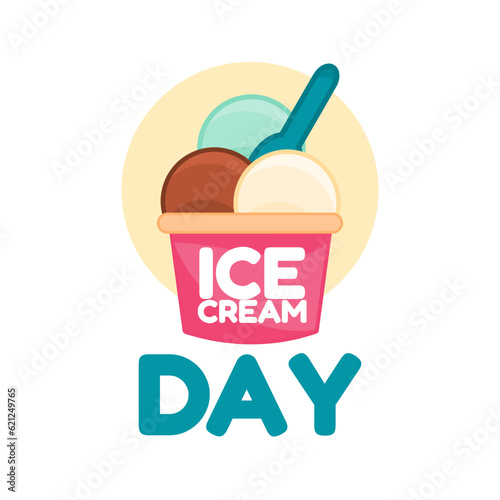 Big Text Ice Cream Day with Chocolate Vanilla Mint Ice Cream Cup Blue Spoon on Circle Pastel Background Icon