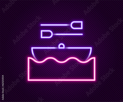 Glowing neon line Boat with oars icon isolated on black background. Water sports, extreme sports, holiday, vacation, team building. Colorful outline concept. Vector