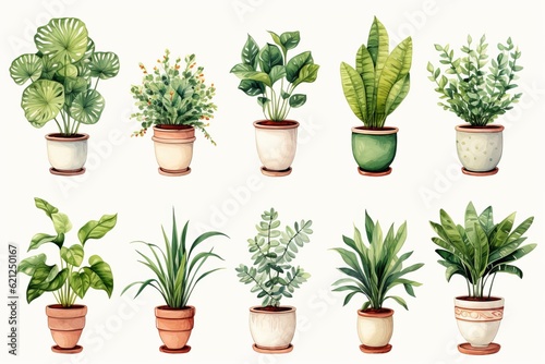 watercolor collection of beautiful plants in ceramic pots