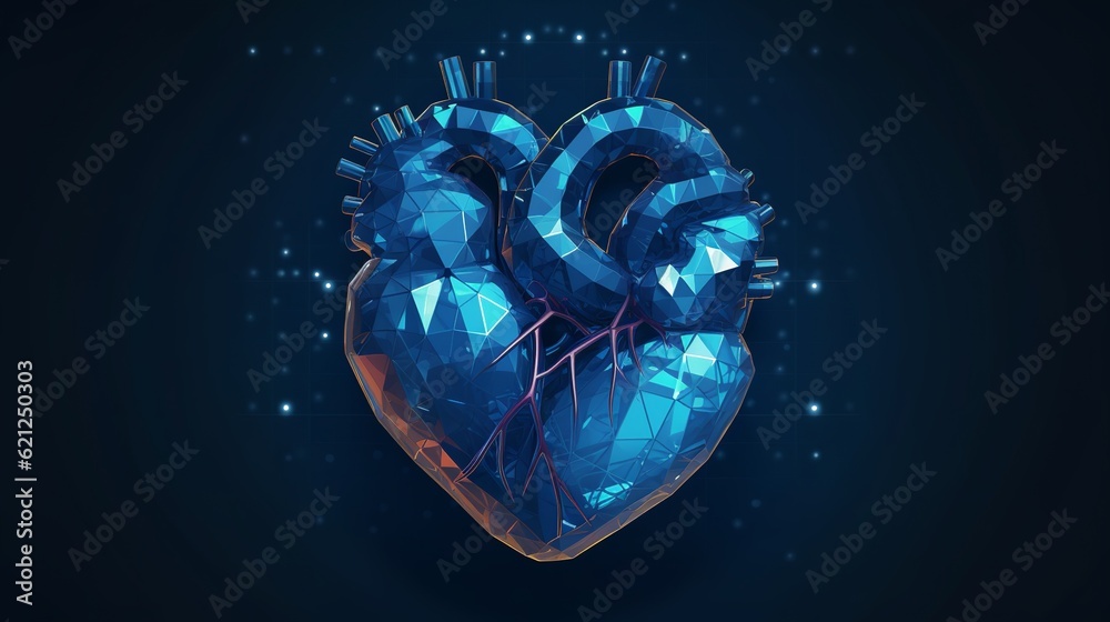 3D rendered illustration of human heart, Low poly heart, Digital heart, Future of medicine, Generative AI 3D rendered illustration of human heart, Low poly heart, Digital heart, Future of medicine, Generative AI