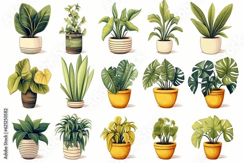 watercolor collection of beautiful plants in ceramic pots