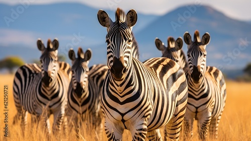 Group of zebras grazing on the grassy plains Generative AI