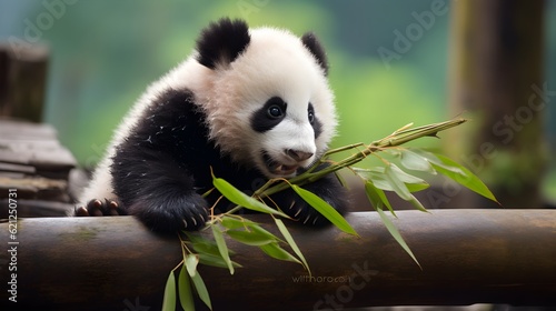 Adorable baby panda munching on bamboo Generative AI