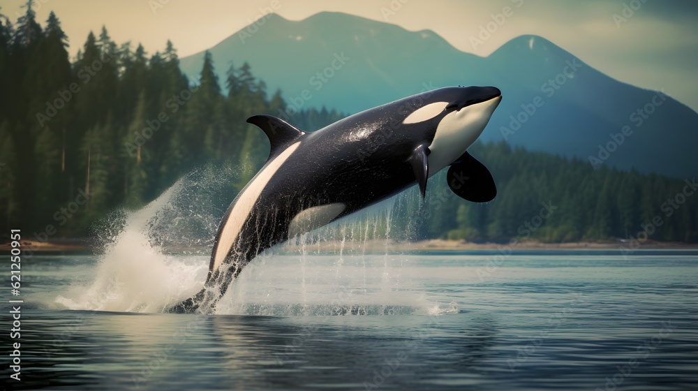 Obraz premium Majestic orca breaching out of the water Generative AI