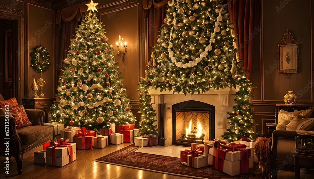 クリスマスの室内、暖炉とプレゼント、デコレーション、温かい雰囲気 クリスマスの室内、暖炉とプレゼント、デコレーション、温かい雰囲気