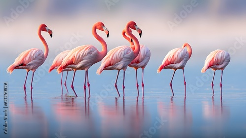 Group of flamingos standing gracefully in a shallow lagoon Generative AI