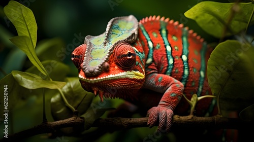 Curious chameleon blending into its leafy surroundings Generative AI