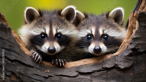Playful raccoons peeking out from behind a log Generative AI
