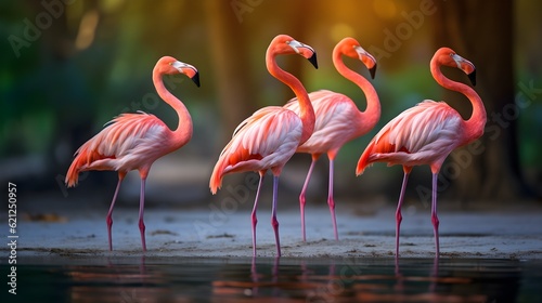 Group of flamingos standing gracefully in a shallow lagoon Generative AI © Andrii