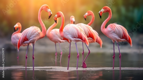 Group of flamingos standing gracefully in a shallow lagoon Generative AI