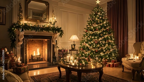 クリスマスの室内、暖炉とプレゼント、デコレーション、温かい雰囲気 © sky studio