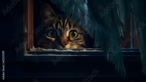 Curious cat peeking out from behind a window Generative AI