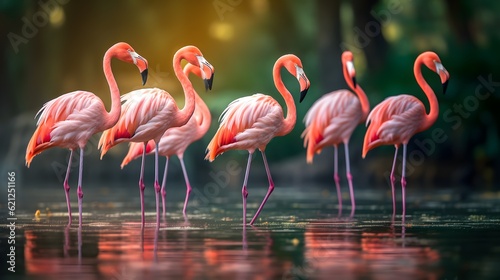 Group of flamingos wading in shallow waters Generative AI © Andrii