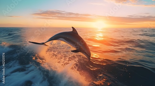 Playful dolphins jumping and splashing in the sparkling blue ocean Generative AI © Andrii
