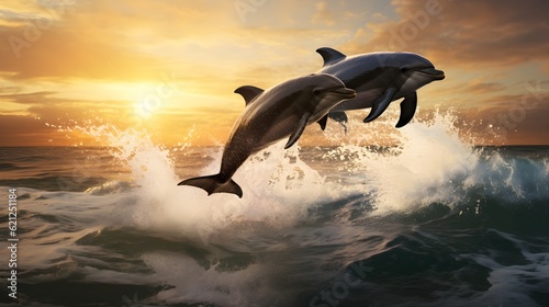 Playful dolphins leaping out of the water, Generative AI © Andrii