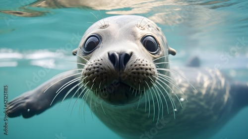 Curious seal peeking out of the water Generative AI © Andrii