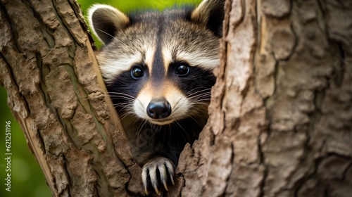 Curious raccoon peering out from behind a tree Generative AI