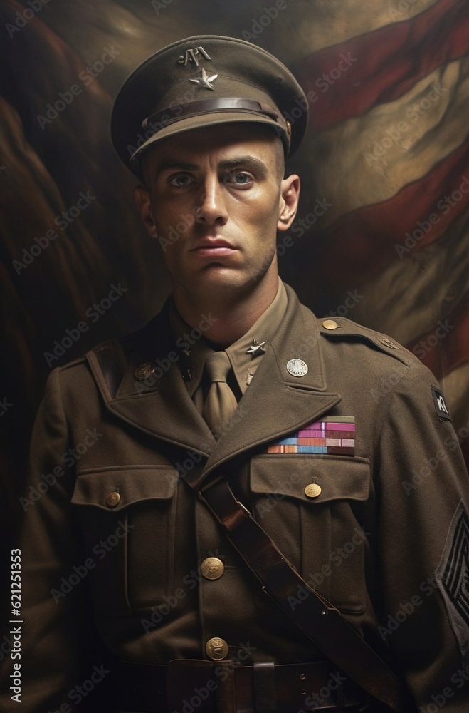 An american soldier in an army uniform, WW2 soldier. Created with Generative Ai technology. An american soldier in an army uniform, WW2 soldier. Created with Generative Ai technology.