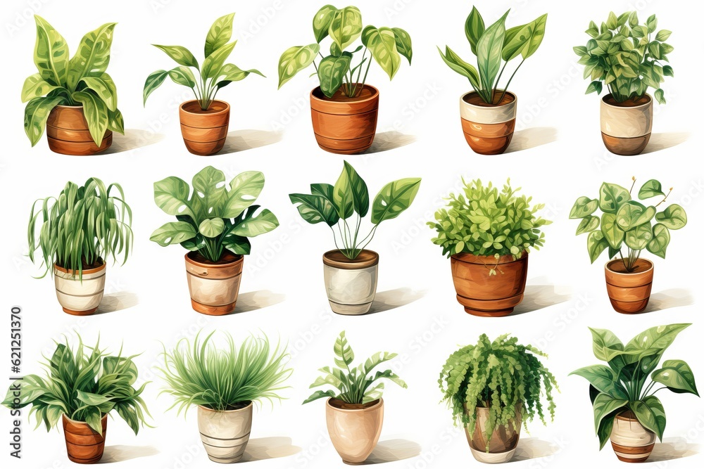 watercolor collection of beautiful plants in ceramic pots