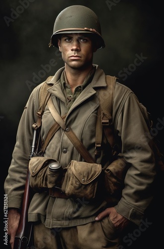 An american soldier in an army uniform, WW2 soldier. Created with Generative Ai technology.