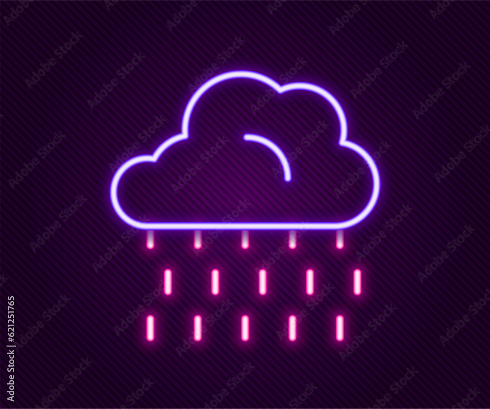 Glowing neon line Cloud with rain icon isolated on black background. Rain cloud precipitation with rain drops. Colorful outline concept. Vector Glowing neon line Cloud with rain icon isolated on black background. Rain cloud precipitation with rain drops. Colorful outline concept. Vector