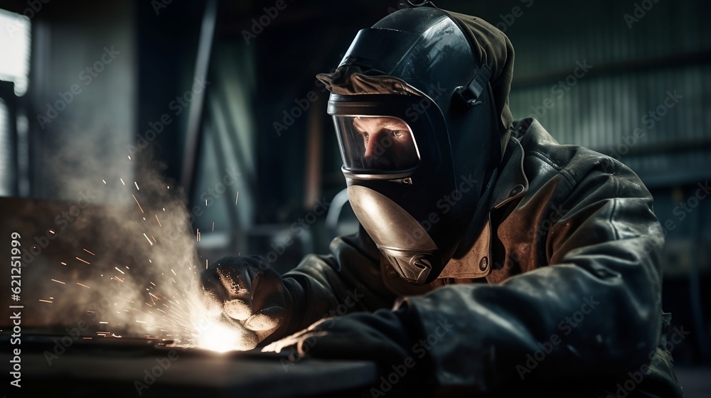 Industrial Welder With Torch and Protective Helmet. Generative AI Industrial Welder With Torch and Protective Helmet. Generative AI