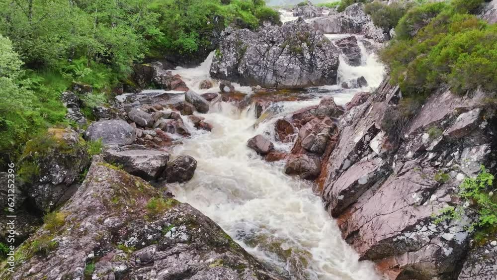 Buachaille Etive Mòr and Waterfall from a drone, River Coupall, Glen Etive and River Etive, Highlands, Scotland, UK Buachaille Etive Mòr and Waterfall from a drone, River Coupall, Glen Etive and River Etive, Highlands, Scotland, UK