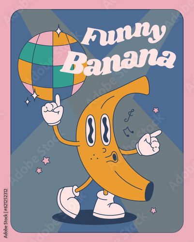 Cartoon character in retro 70s-80s style on blue background for projects. Groovy style vector poster with text. Image of a fun banana at a party with a disco ball.