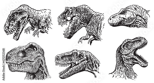 Graphical set of dinosaurs isolated on white background,vector tyrannosaurus,tattoo