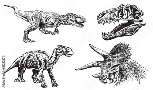Graphical set of dinosaurs isolated on white background,vector illustration,tattoo  designs.