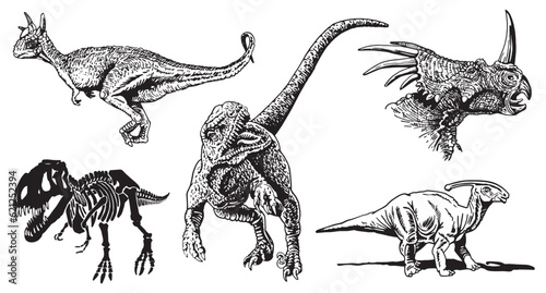 Graphical set of dinosaurs isolated on white background vector illustration tattoo  designs.