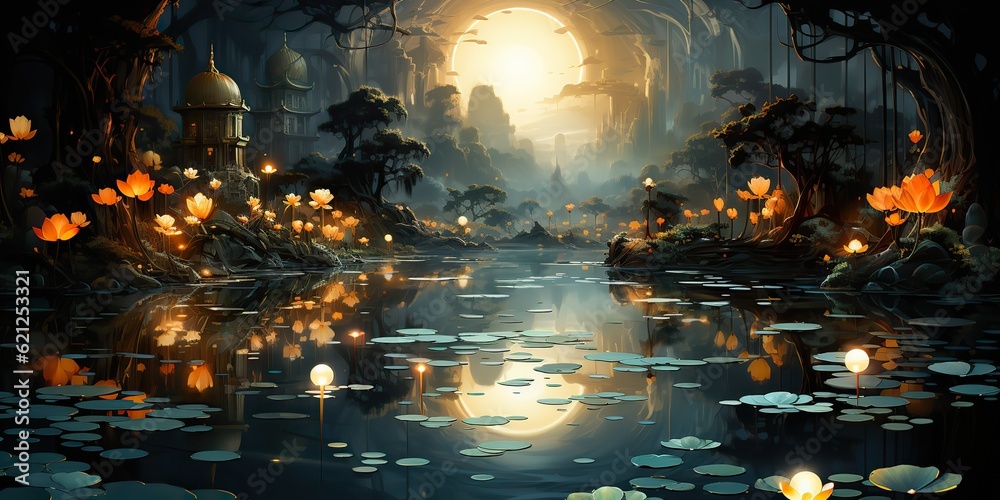 AI Generated. AI Generative. Beautiful moonlight night evening lake nature outdoor landscape. WIth many lotus flowers and lanters around. Graphic Art