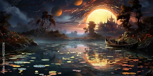 AI Generated. AI Generative. Beautiful moonlight night evening lake nature outdoor landscape. WIth many lotus flowers and lanters around. Graphic Art