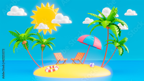 Summer cartoon landscape with palm trees 