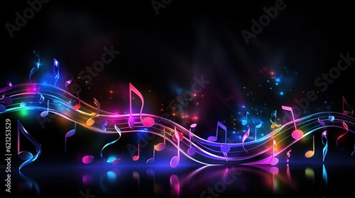 Musical notes in neon style on a dark background. AI generation