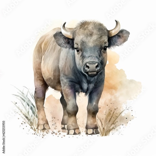 A watercolor painting of a bull standing in a field created with Generative AI technology © Karlaage