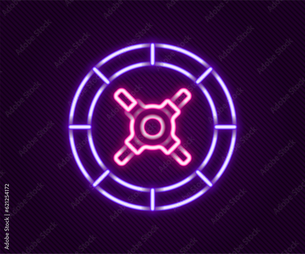 Glowing neon line Safe icon isolated on black background. The door safe a bank vault with a combination lock. Reliable Data Protection. Colorful outline concept. Vector Glowing neon line Safe icon isolated on black background. The door safe a bank vault with a combination lock. Reliable Data Protection. Colorful outline concept. Vector