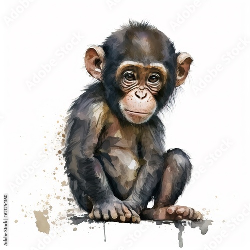 A watercolor painting of a monkey sitting on the ground created with Generative AI technology © Karlaage