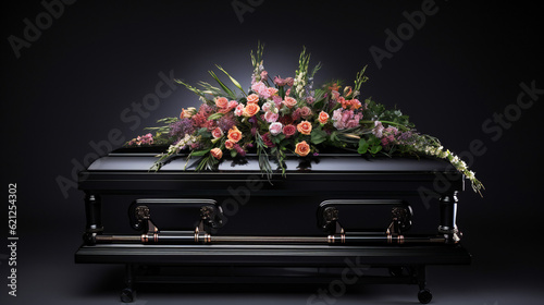 Black Casket with flowers on it, at funeral, cemetery, service Coffin photo