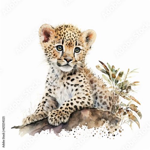 A painting of a baby cheetah sitting on a rock created with Generative AI technology